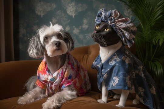 feline and canine models wearing outfits designed by fashions designers during photo shoot, created with generative ai
