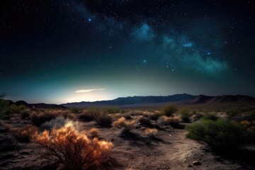night sky with colorful stars and moon over the desert landscape, created with generative ai