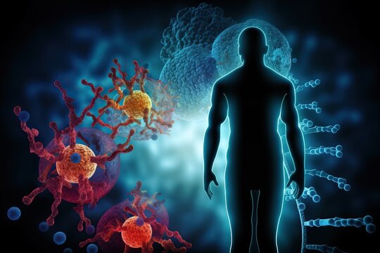Projection of the silhouette of the human body in the environment of cells that carry diseases. An acquired immunodeficiency virus cell that attacks healthy cells, generative AI.