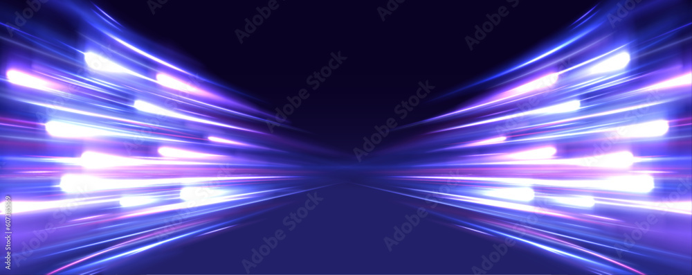 Poster image of speed motion on the road. abstract background in blue and purple neon glow colors. speed of