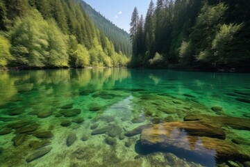 Fototapeta na wymiar crystal-clear lake surrounded by lush, green forest, created with generative ai