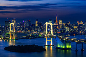 Illumination of Rainbow Bridge and Tokyo Tower at Night, Odaiba, Tokyo, Japan