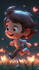 little boy running with_firefliessoft lighting anime 3d