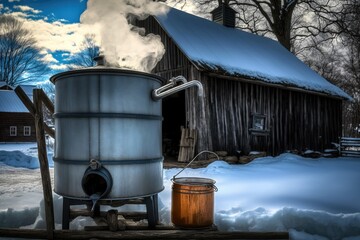 Naklejka na ściany i meble maple sap evaporator with steam rising from warm syrup and bucket of fresh sap, created with generative ai