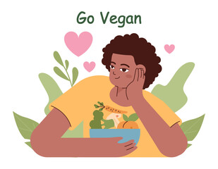 Healthy vegan diet. Character eating fresh vegetables, fruits and meat