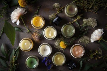 Obraz na płótnie Canvas nature-inspired cbd oil products, including balms and salves with plant and flower extracts, created with generative ai