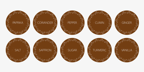 Spice organizer sticker set. Vector food labels for spices. Labels for marking. Stickers for spices on a brown background. Vector illustration