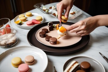 Obraz na płótnie Canvas stylist arranging slices of pie, cookies, and macarons on plate for the perfect dessert shot, created with generative ai