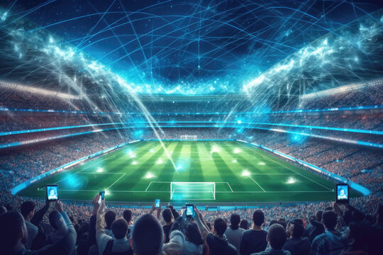Football stadium. 5G revolutionizing the sports industry. Immersive virtual reality broadcasts. Generative AI