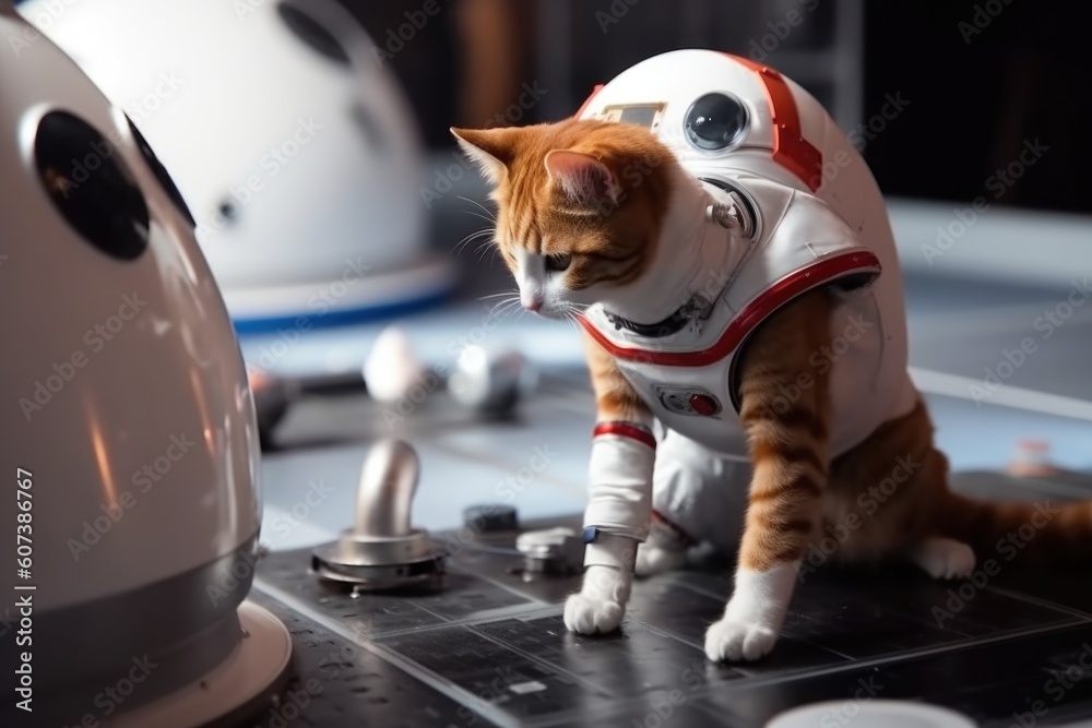 Wall mural feline astronaut performing science experiment on the surface of distant planet, created with genera