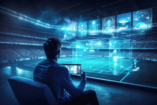 A man is watching a football broadcast via a tablet. The concept of 5G technology in the sports industry. Generative AI