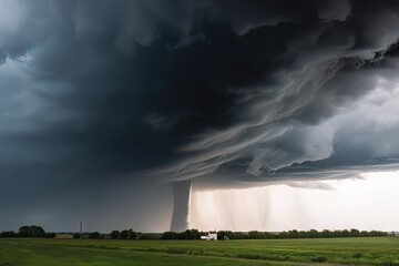 dark and turbulent sky ahead of towering storm with visible funnel, created with generative ai