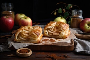 Obraz na płótnie Canvas two flaky puff pastries with apples and cinnamon, ready to be baked or fried, created with generative ai