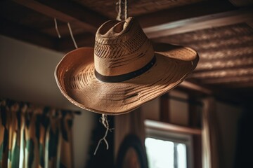 cowboy hat hanging from ceiling fan with rope, created with generative ai