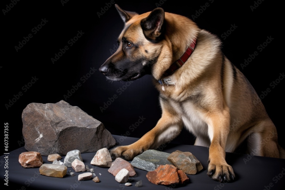 Poster canine astronaut examining mysterious meteorite with his paws, created with generative ai