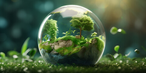 Tree growth on globe glass in nature concept eco earth day