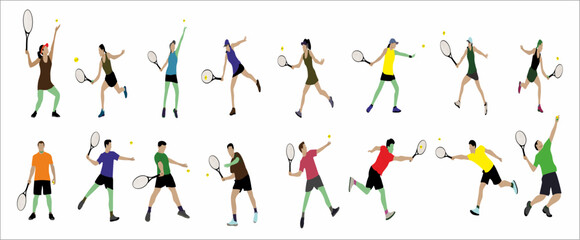 A set of men and women tennis players on white background. Vector illustration