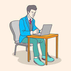 Young boy working on a chair and table with a laptop using from home, flat coloring line art minimal illustration