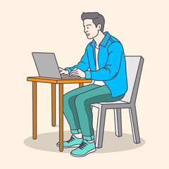 Fototapeta na wymiar Young boy working on a chair and table with a laptop using from home, flat coloring line art minimal illustration