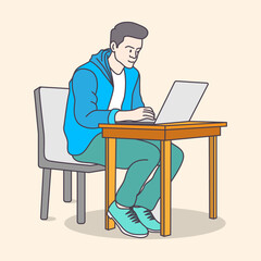 Young boy working on a chair and table with a laptop using from home, flat coloring line art minimal illustration