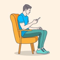 Young boy working on a chair and table with a mobile phone using from home, flat coloring line art minimal illustration