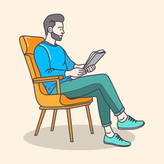 Young boy working on a chair and table with a mobile phone using from home, flat coloring line art minimal illustration