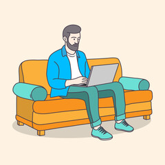 Business man working on a sofa using laptop from home flat coloring line art minimal illustration