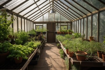 greenhouse with herbs and vegetables growing in the sun, created with generative ai