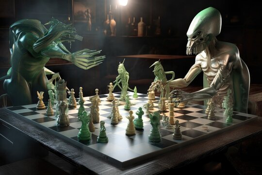 extraterrestrial playing game of chess, the pieces and board floating in the air, created with generative ai