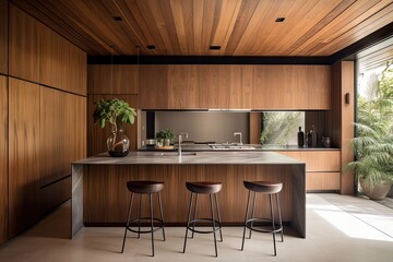 modern kitchen with sleek look and wood-paneled walls, created with generative ai