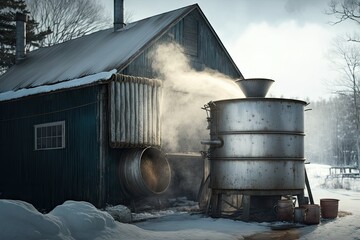 maple sap evaporator, with steam rising from the boiling sap and condensing on the roof of the evaporator, created with generative ai - obrazy, fototapety, plakaty