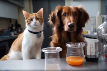 feline and canine scientists in laboratory, performing experiment with test tubes and beakers, created with generative ai