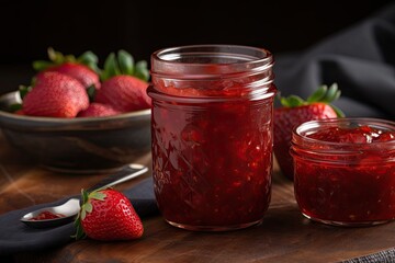 homemade strawberry preserves in clear glass jar, created with generative ai