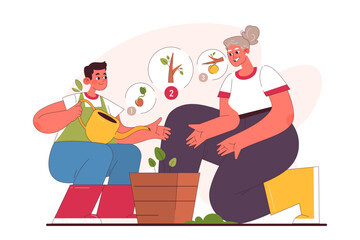 Characters enjoy gardening. Grandmother and grandson planting