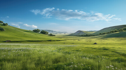 Fototapeta premium Green grass meadow on hill nature summer landscape background. Generative ai.
