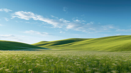Obraz premium Green grass meadow on hill nature summer landscape background. Generative ai.