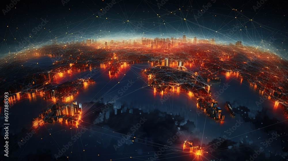 Poster planet earth half night and half day with city lights and clouds in space with stars. generative ai