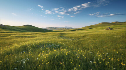 Obraz premium Green grass meadow on hill nature summer landscape background. Generative ai.