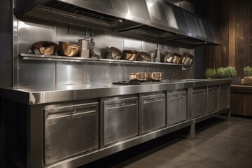 custom-built cooking station with a sleek, industrial metal finish and modern touches for a stunning look, created with generative ai