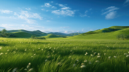 Fototapeta premium Green grass meadow on hill nature summer landscape background. Generative ai.