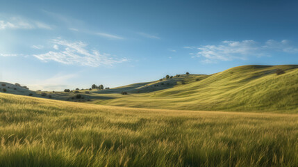 Obraz premium Green grass meadow on hill nature summer landscape background. Generative ai.
