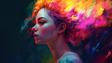 Fototapeta premium Portrait of young woman with colorful hair, fashion ai illustration 