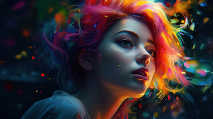 Portrait of young woman  with colorful hair, fashion ai illustration 