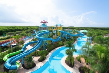 water park with series of slides and pools, surrounded by greenery, created with generative ai