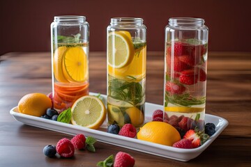 refreshing fruit-infused water, with juicy slices of fruits and herbs for added flavor, created with generative ai