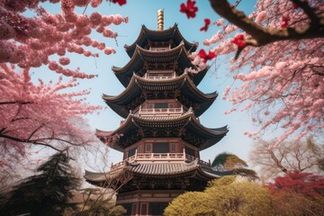 chinese pagoda surrounded by blooming cherry blossem in springtime, created with generative ai