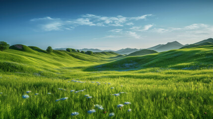 Green grass meadow on hill nature summer landscape background. Generative ai.