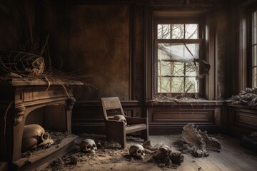 memento mori featuring abandoned house with decaying furniture and broken windows, created with generative ai