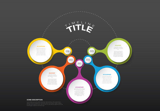 Dark infographic time line template with circle bubbles and icons