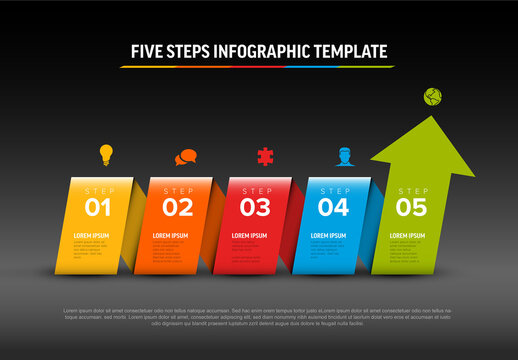 Five color stripe with arrow shape folded paper steps process infographic on dark background